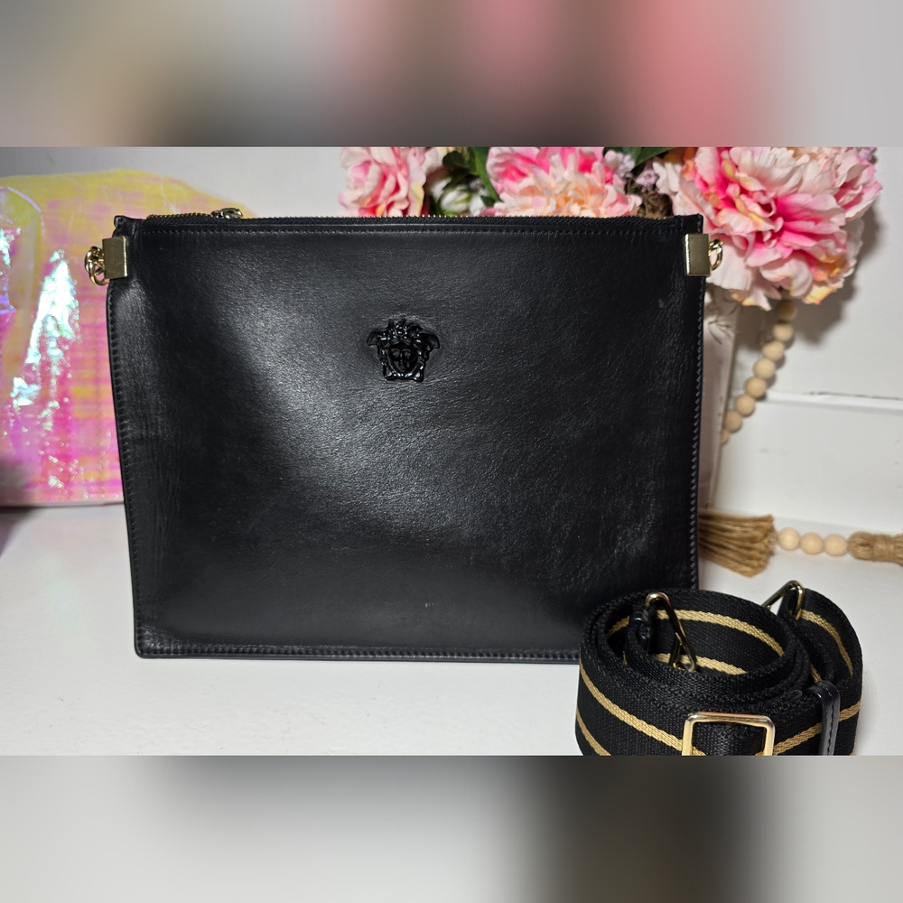 Versace Palazzo black leather Crossbody Bag with Detachable Strap